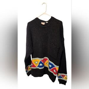 Vintage 90s Geometric Knit Sweater Black Oversized Primary Color Wool Unisex M/L